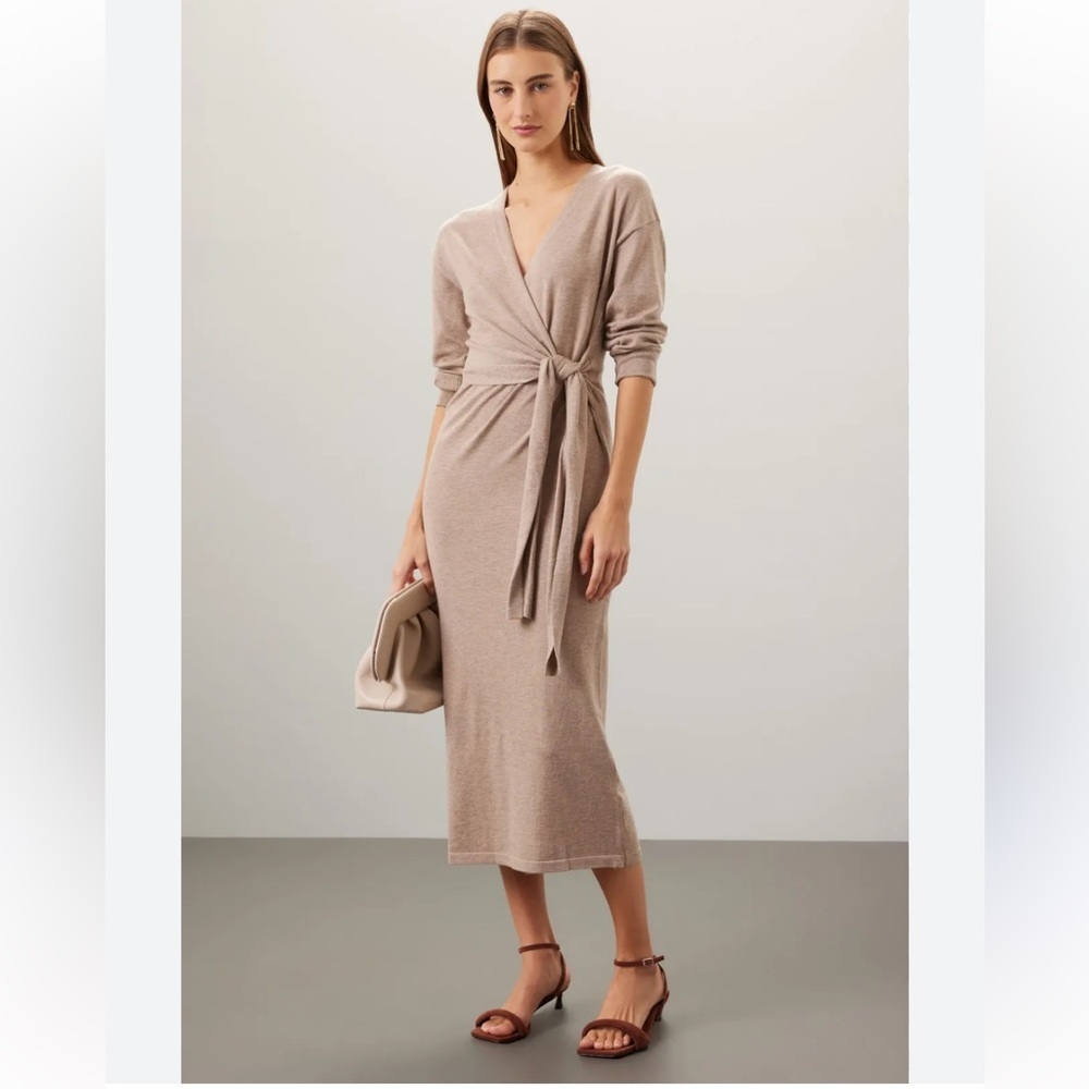 Modern Citizen Lenese Midi Dress Beige knit Wrap sash tie sz L